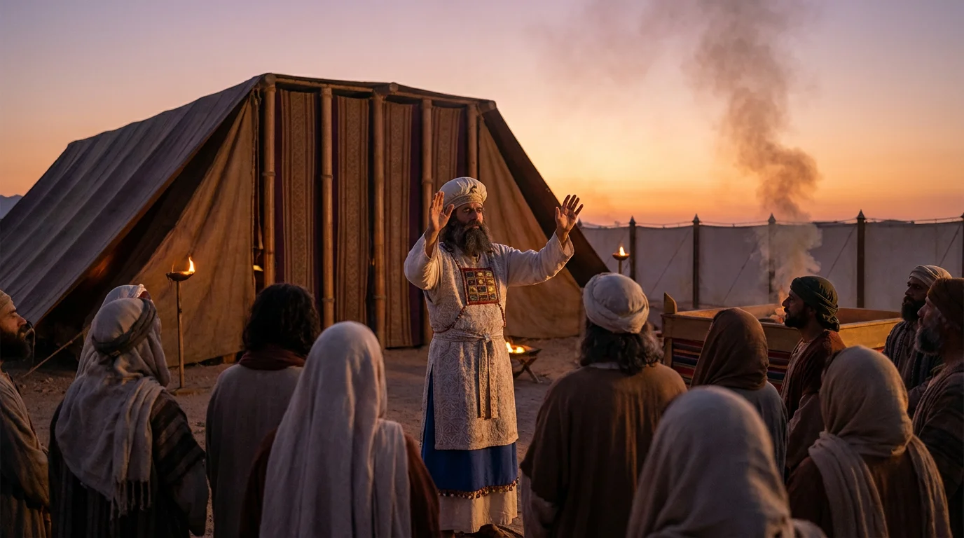 Aaron lifts his hands in blessing before the tabernacle at dusk.
