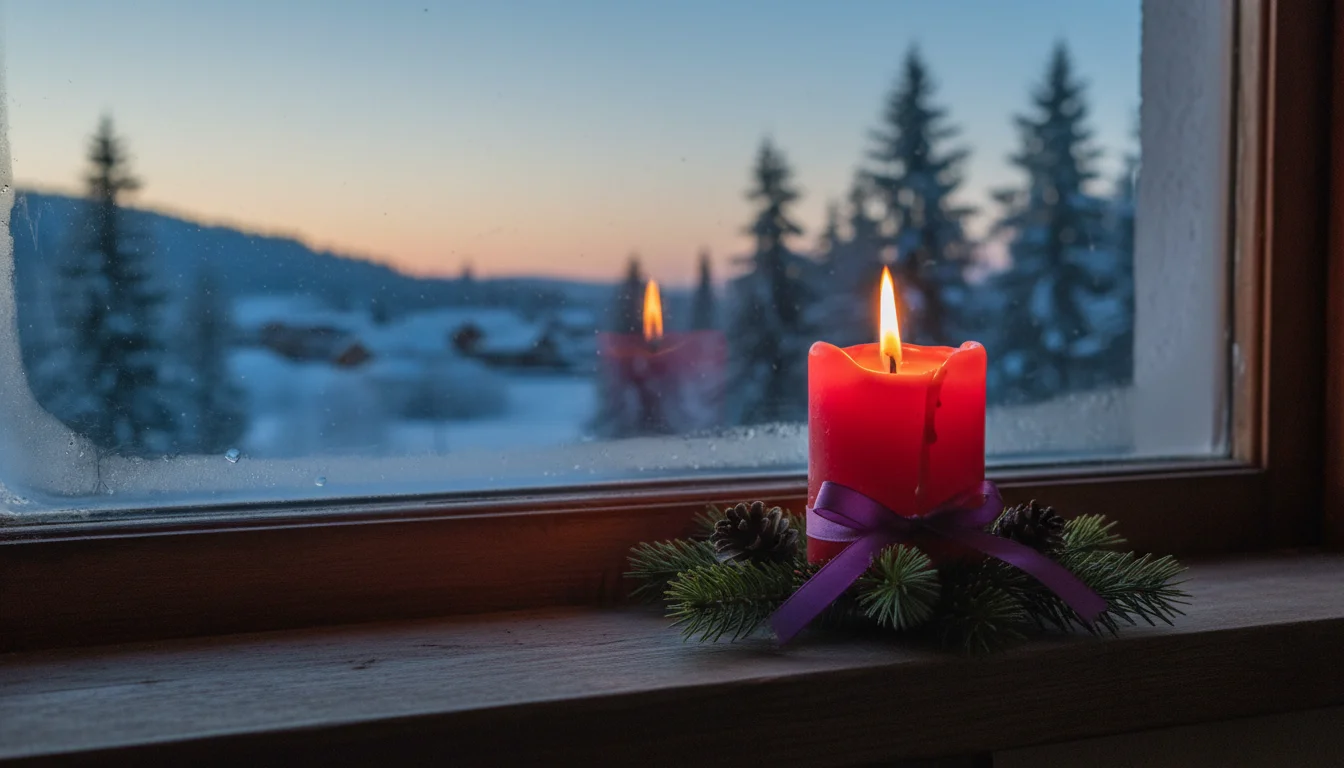 A single Advent candle burns by a window at dawn, symbolizing hope.
