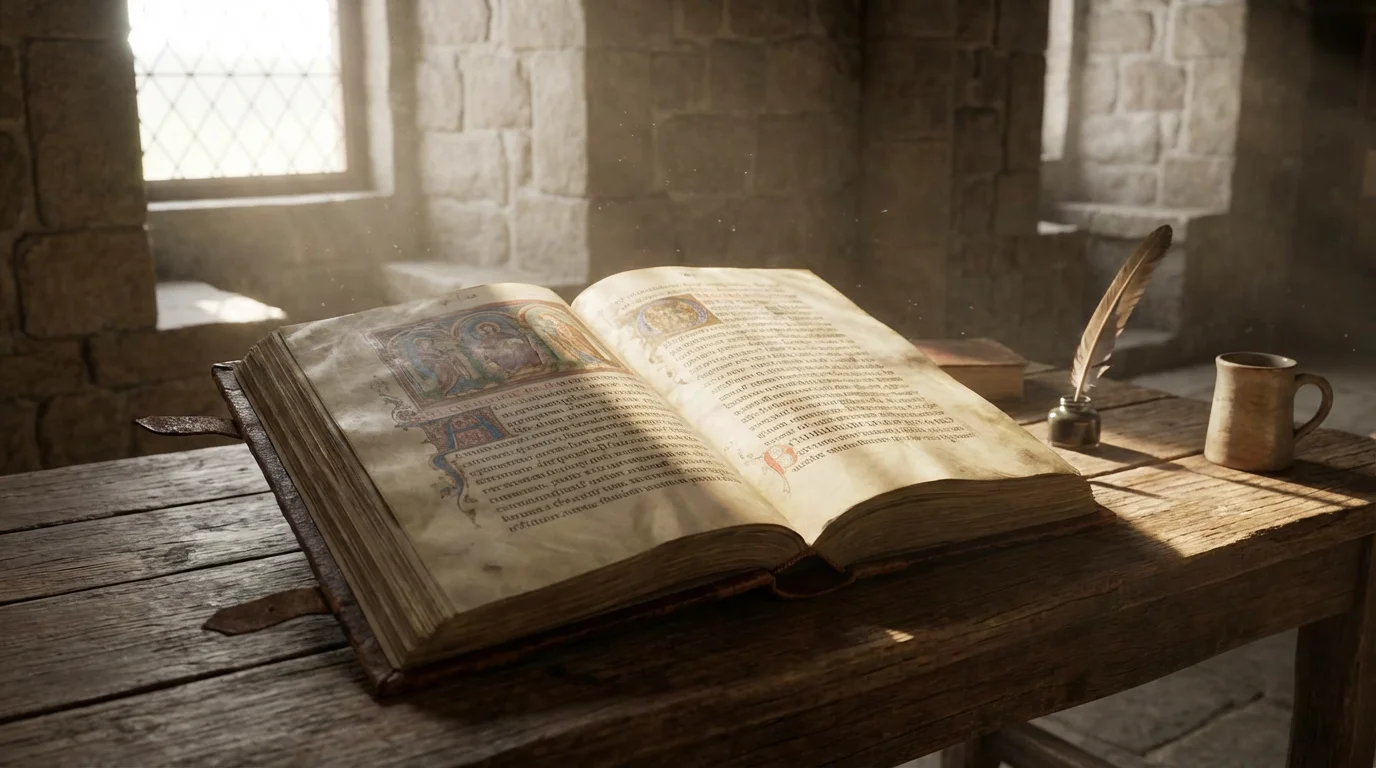 Open Gospel manuscript on a wooden table with warm morning light.