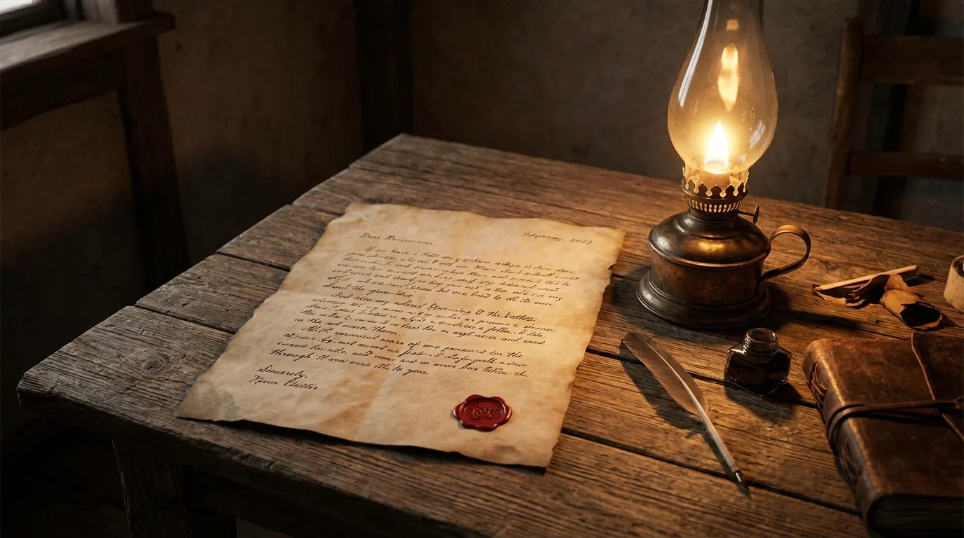 A simple parchment letter on a wooden table lit by a small oil lamp.