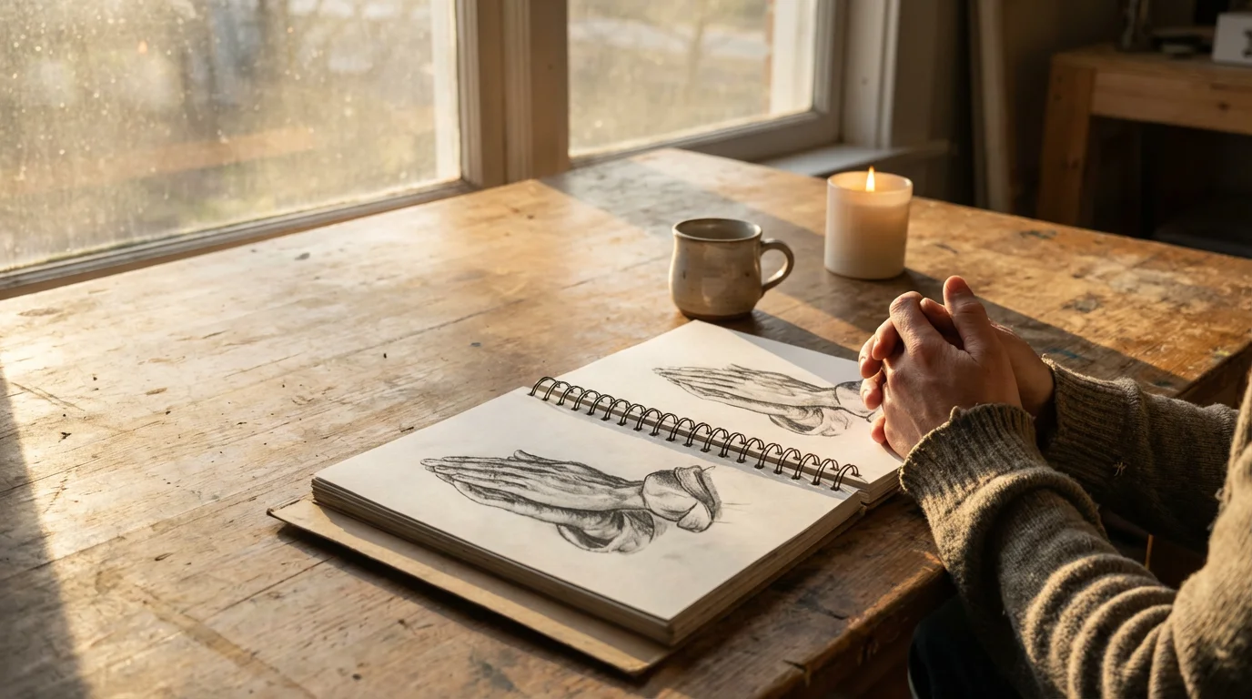 A sunlit studio table with an open sketchbook and a quiet, prayerful mood.