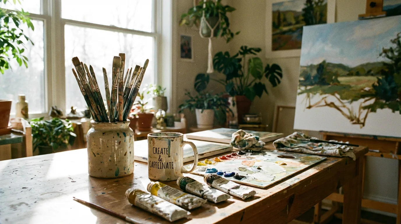 A peaceful, sunlit studio table with brushes, a blank sketchbook, and a warm mug.