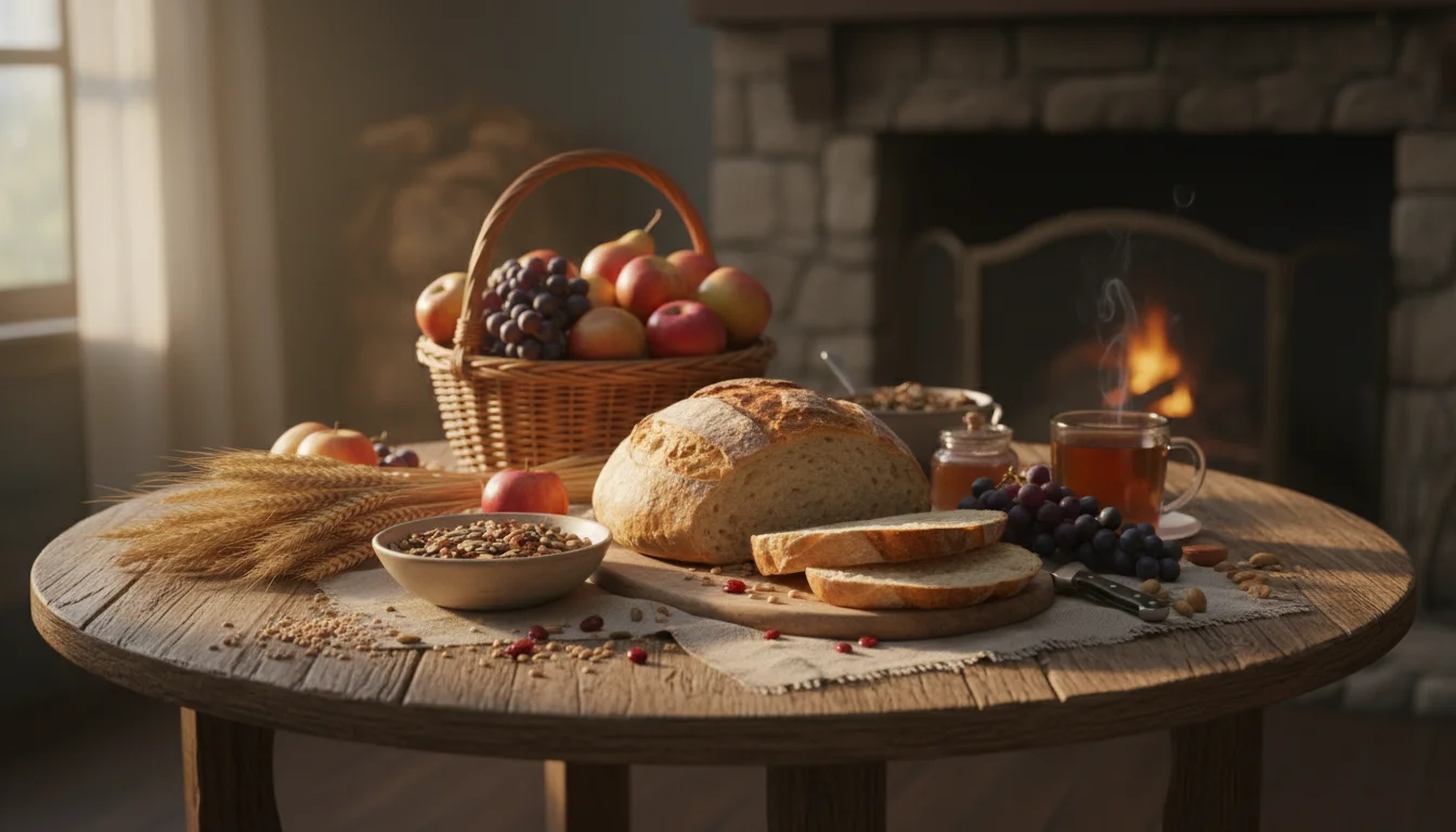 A simple autumn table with bread, fruit, and wheat in warm light.