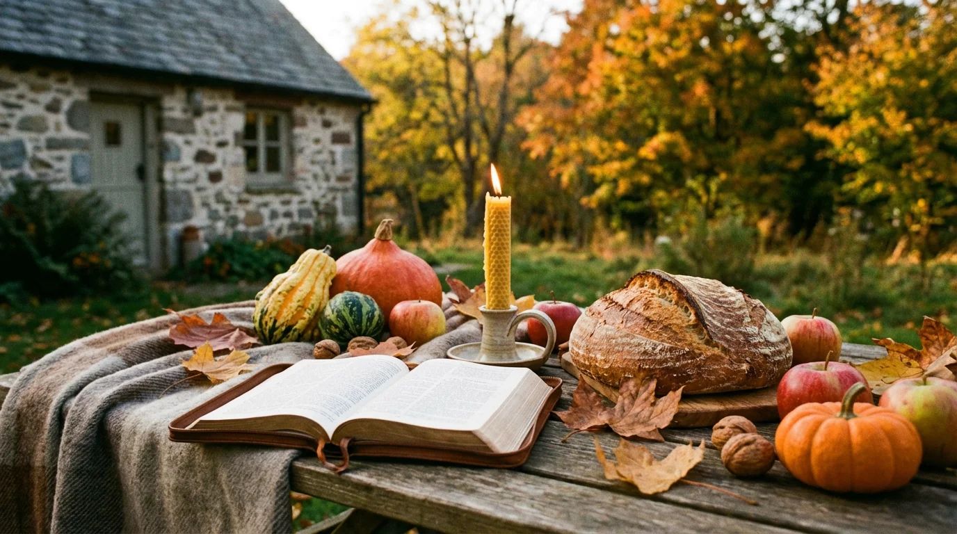 A warm autumn table with an open Bible, candle, and bread suggesting gratitude.