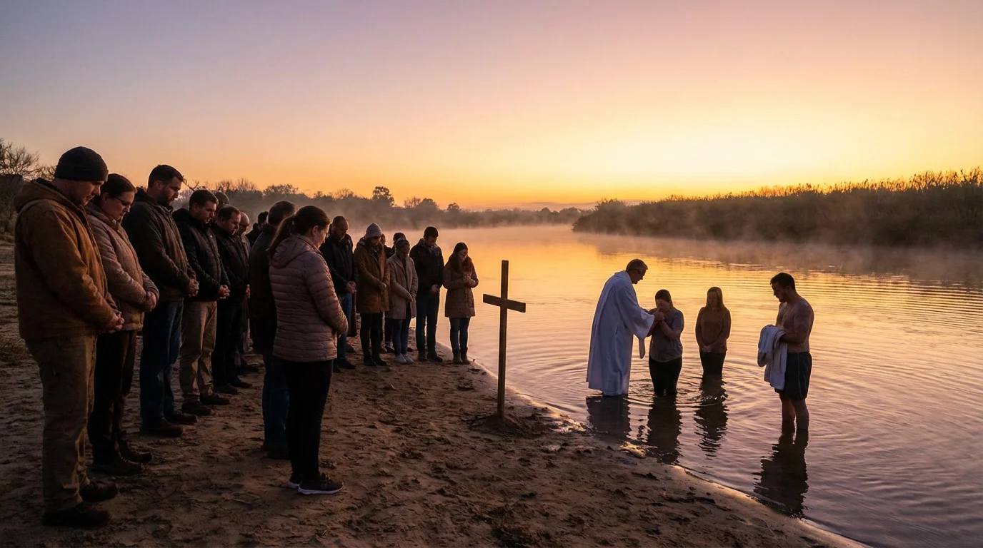 A sunrise baptism by a calm river with a praying community gathered.