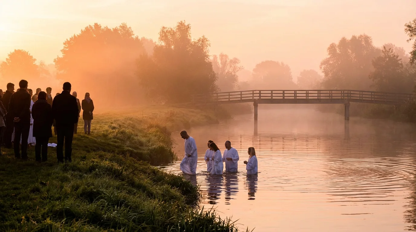 A peaceful dawn river scene with a small group gathered for a baptism.