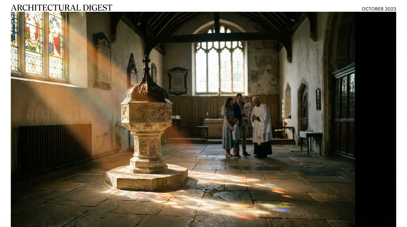 A sunlit church baptismal font ready for a reverent baptism service.