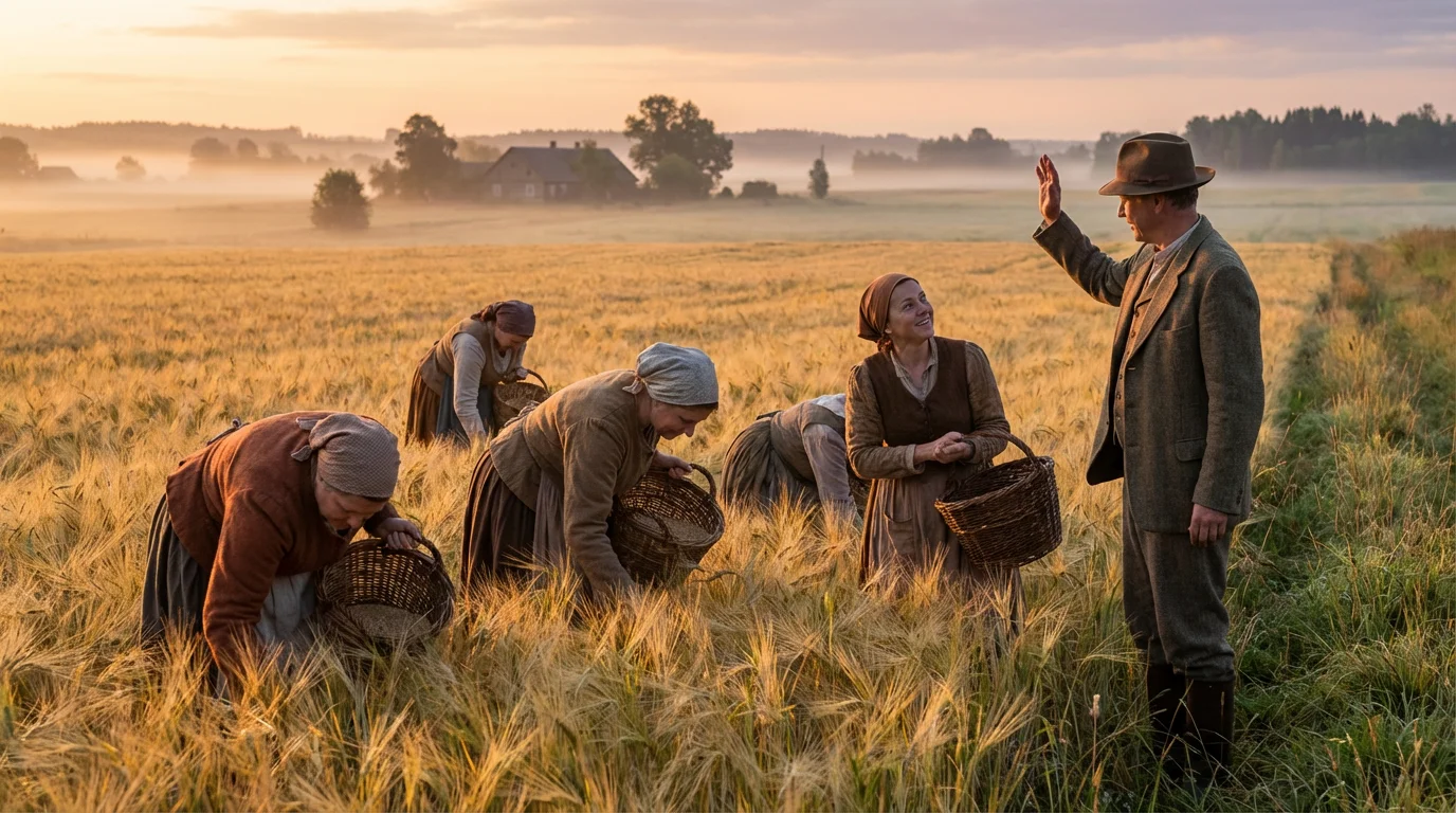 Barley fields at dawn near a small town as women glean and a landowner greets workers.