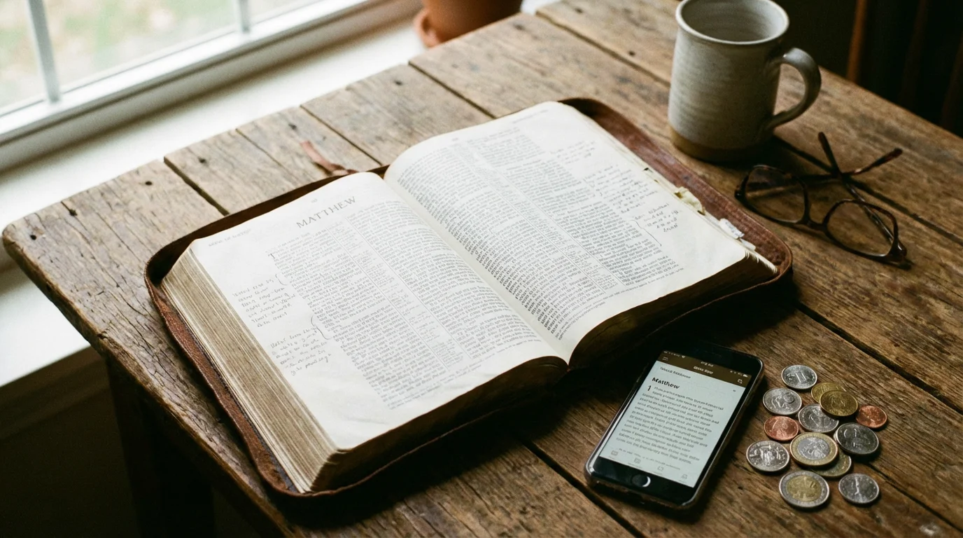 An open Bible on a desk beside a phone and coins in warm evening light.