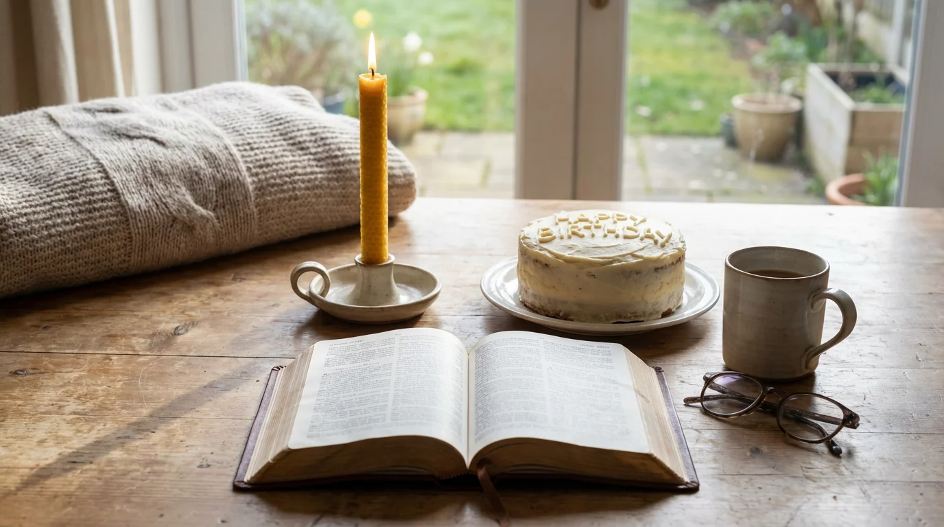 A quiet birthday morning with an open Bible, candle, and cake.