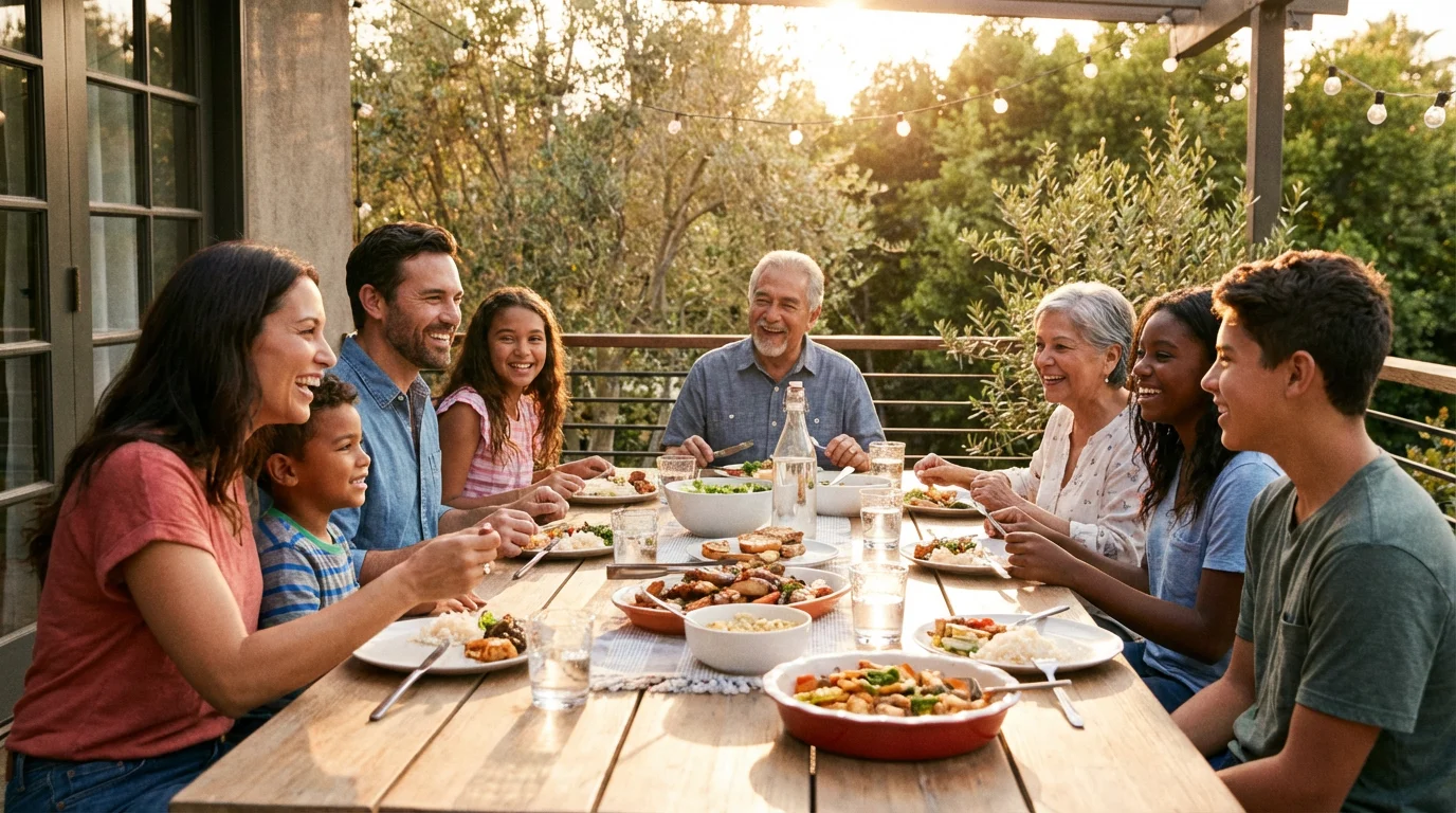 A blended family gathers around a dinner table in warm evening light.