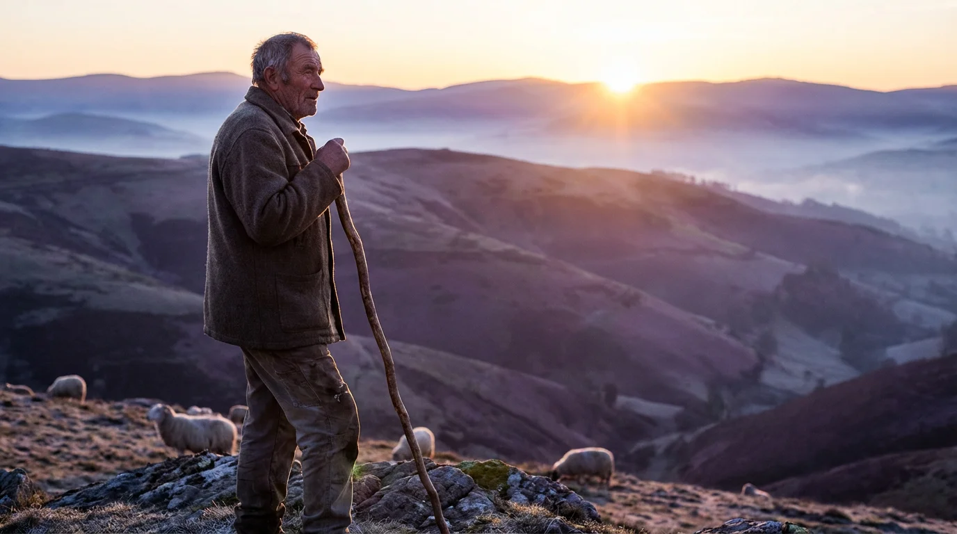 An older man with a staff looks out over rugged hill country at dawn.