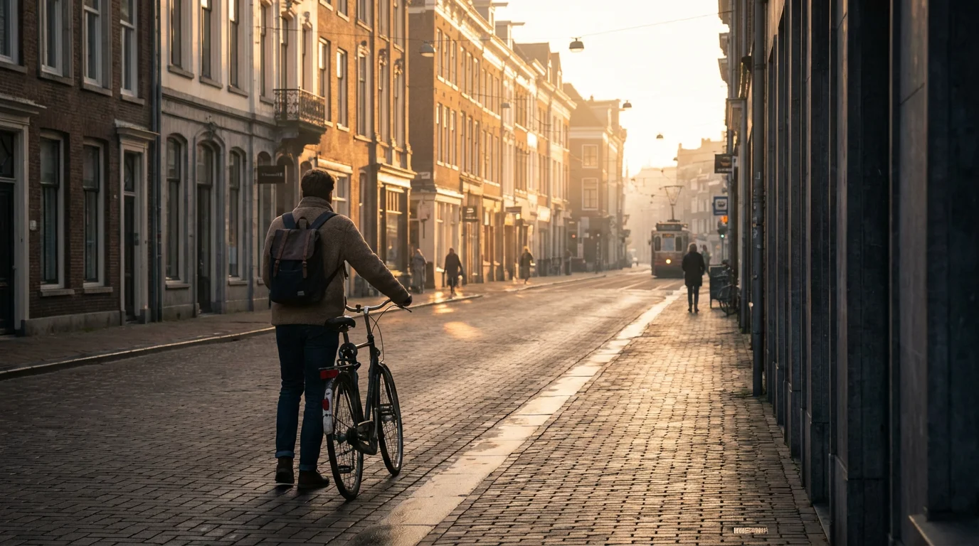 A calm sunrise street scene with a commuter beginning the day, evoking fresh starts.