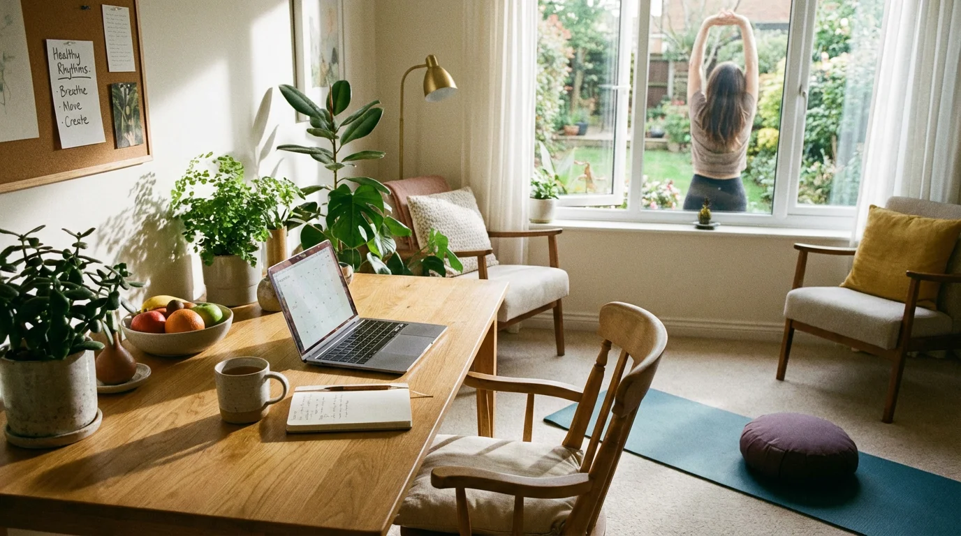 A peaceful morning workspace with a notebook outlining healthy work rhythms.