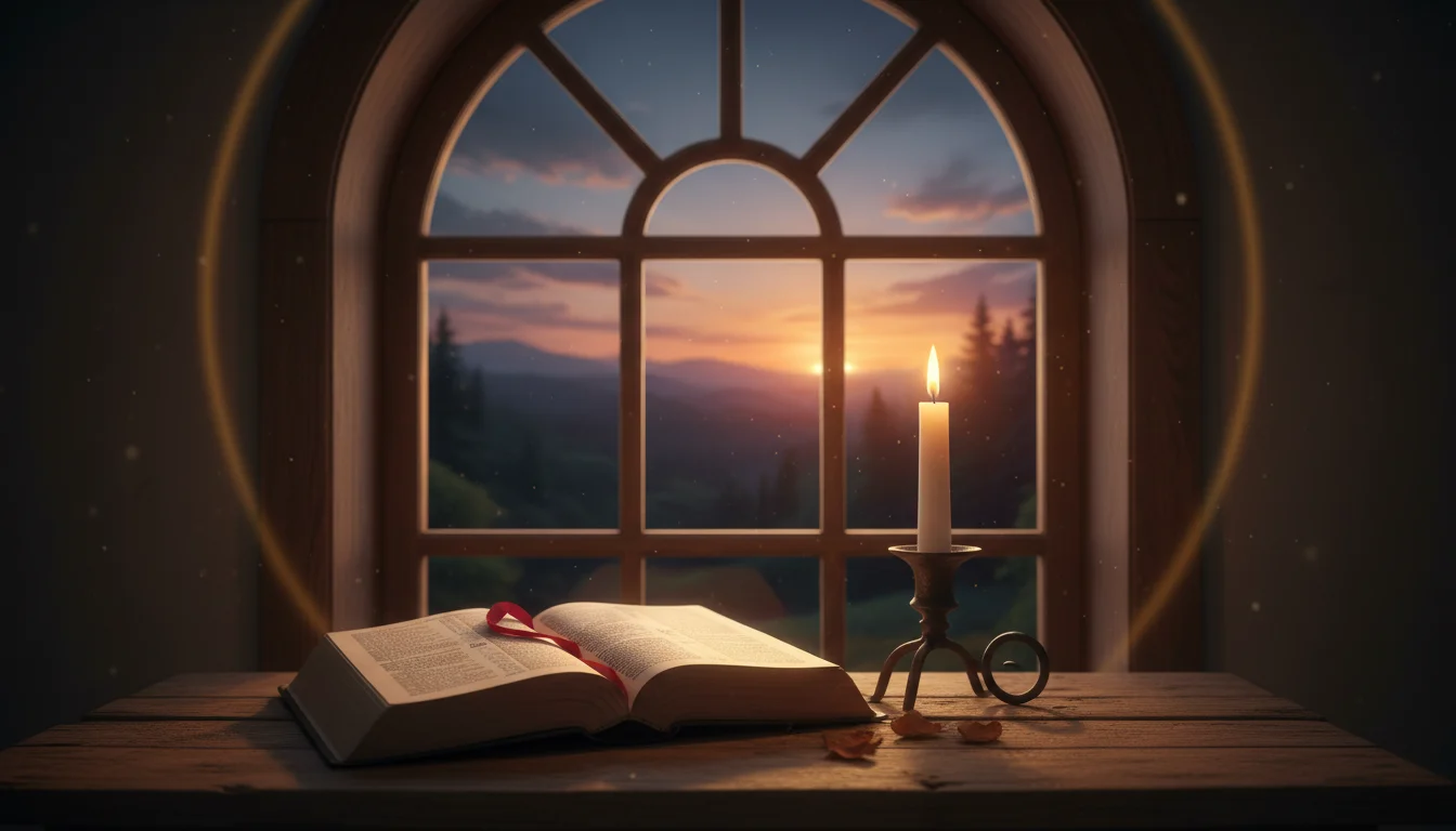 An open Bible and a lit candle by a window at dusk invite quiet reflection.