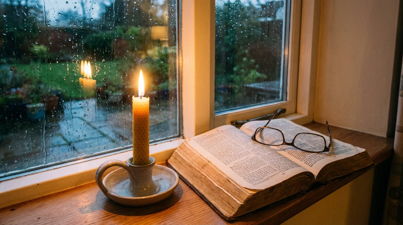 A candle by a rain-streaked window casts warm light beside an open Bible.
