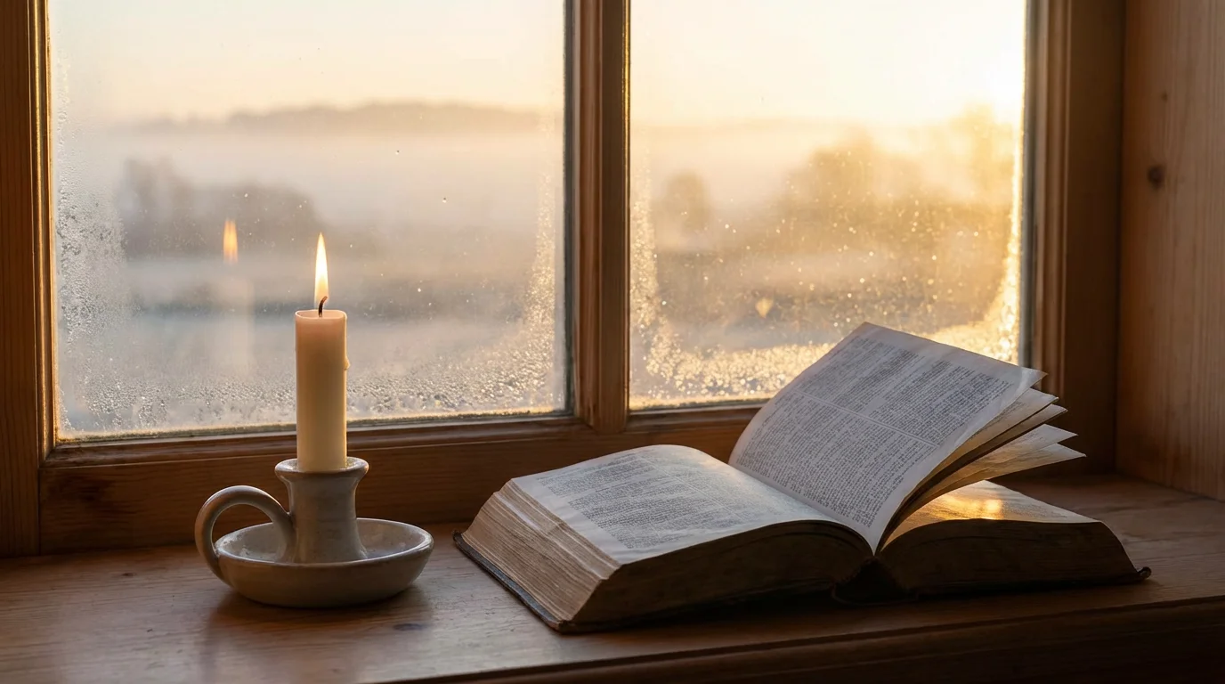 A single candle glows on a windowsill at dawn beside an open Bible.
