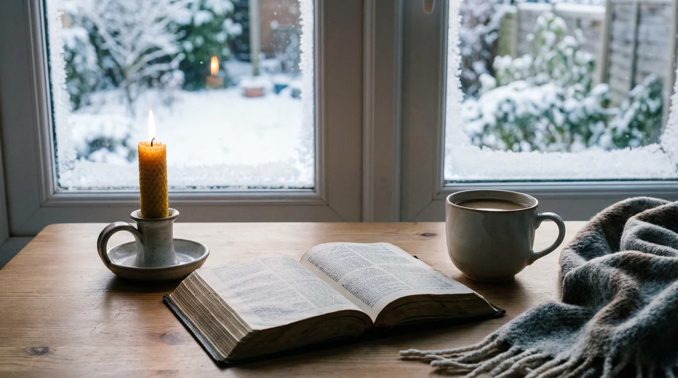 A quiet morning table with a candle, a Bible, and soft winter light.