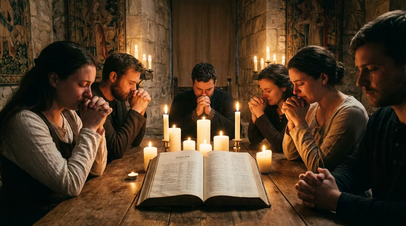 A small group prays quietly by candlelight over an open Bible.