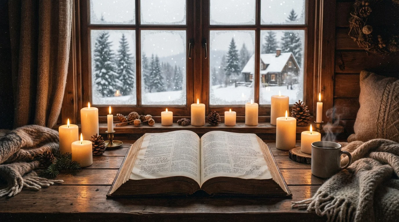 A candlelit table with an open Bible and mug near a winter window.