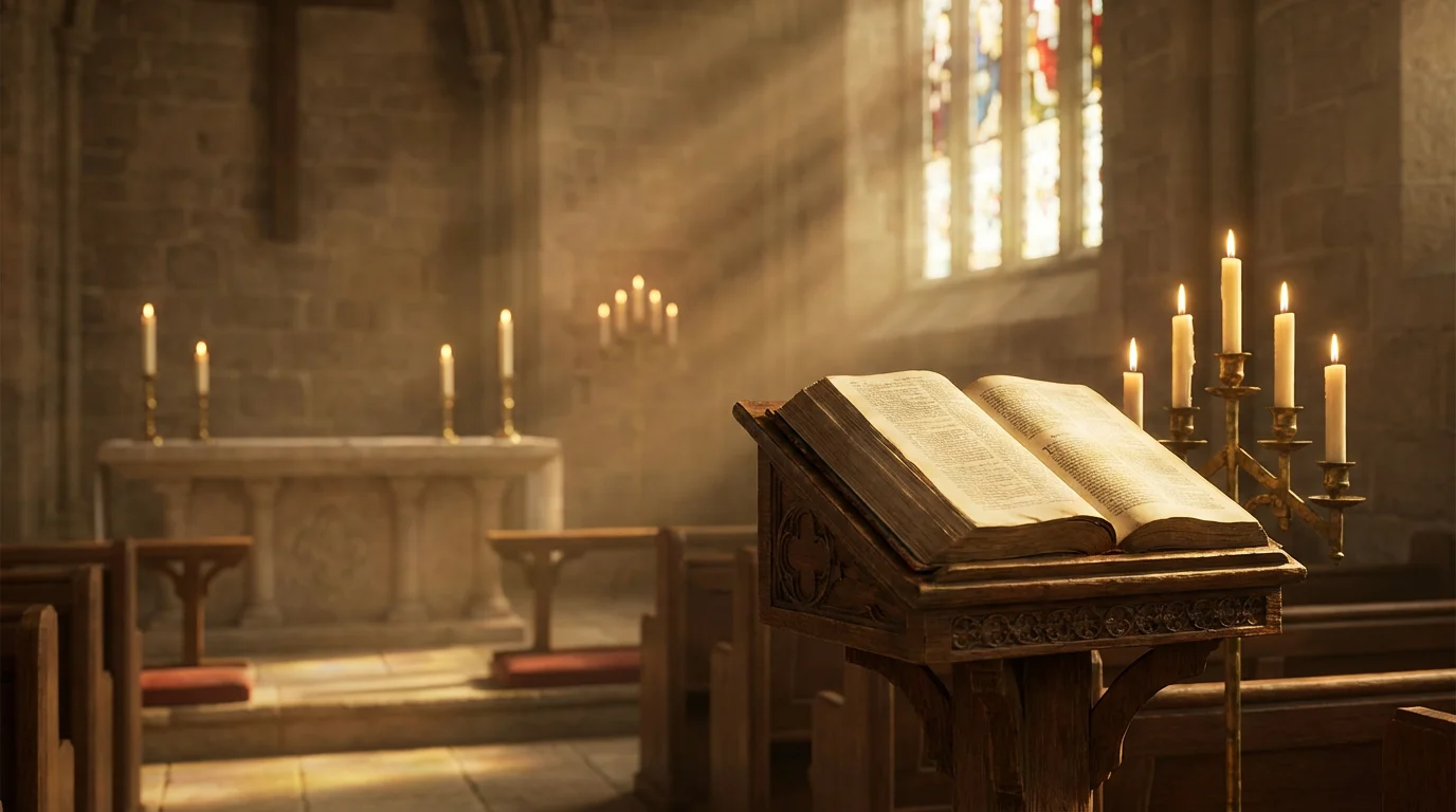 Soft morning light in a quiet church with candles and an open Bible.