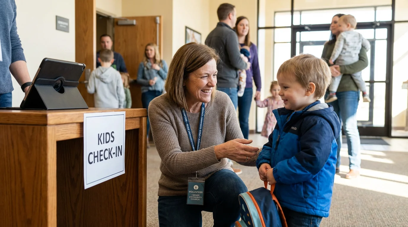 A volunteer warmly greets a child at church check-in, creating a safe, welcoming atmosphere.