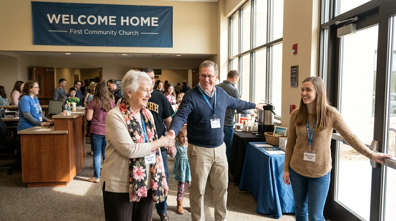 A welcoming church lobby with volunteers greeting people on a Sunday morning.