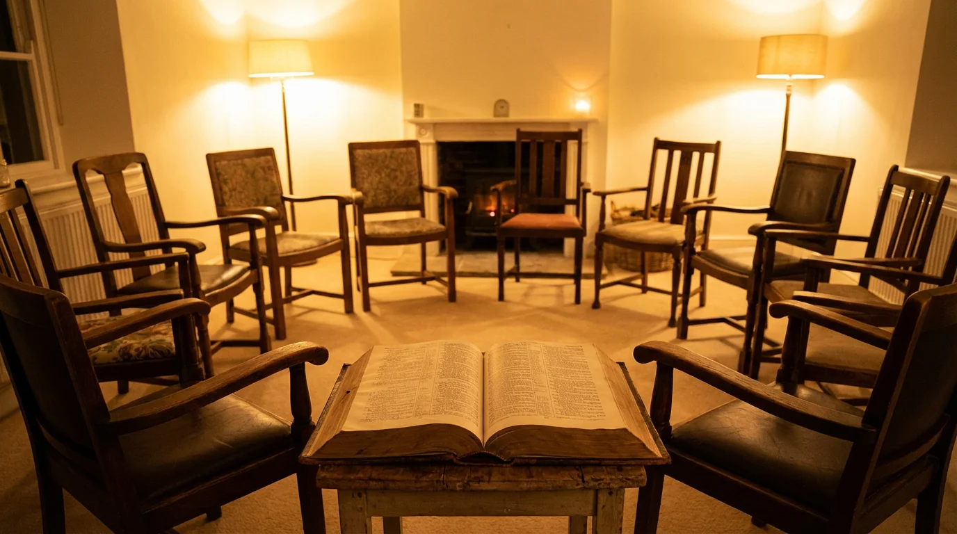 A welcoming circle of chairs around an open Bible in soft light.