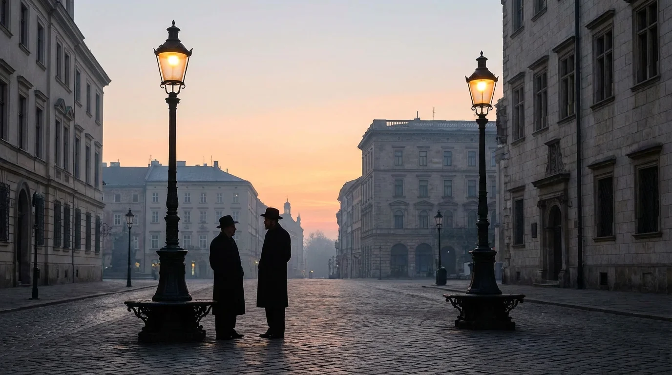 Two figures stand by glowing lampstands in a dawn-lit city square.
