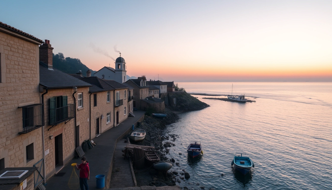 Sunrise over a humble coastal town with a small church bell tower.