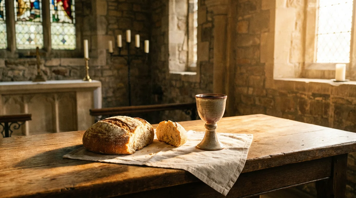 A quiet communion table with bread and a cup in warm light.