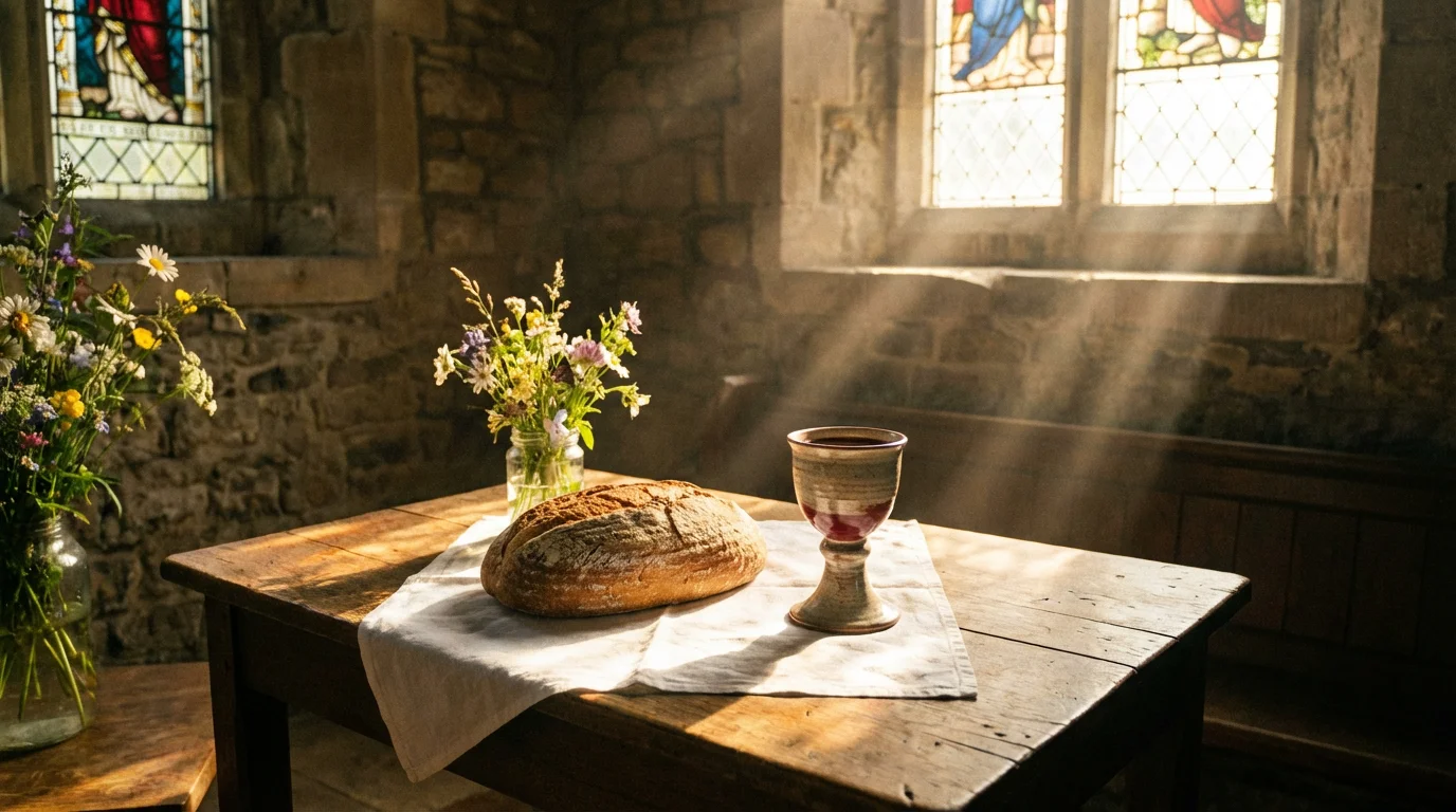 A quiet communion table with broken bread and a cup in morning light.