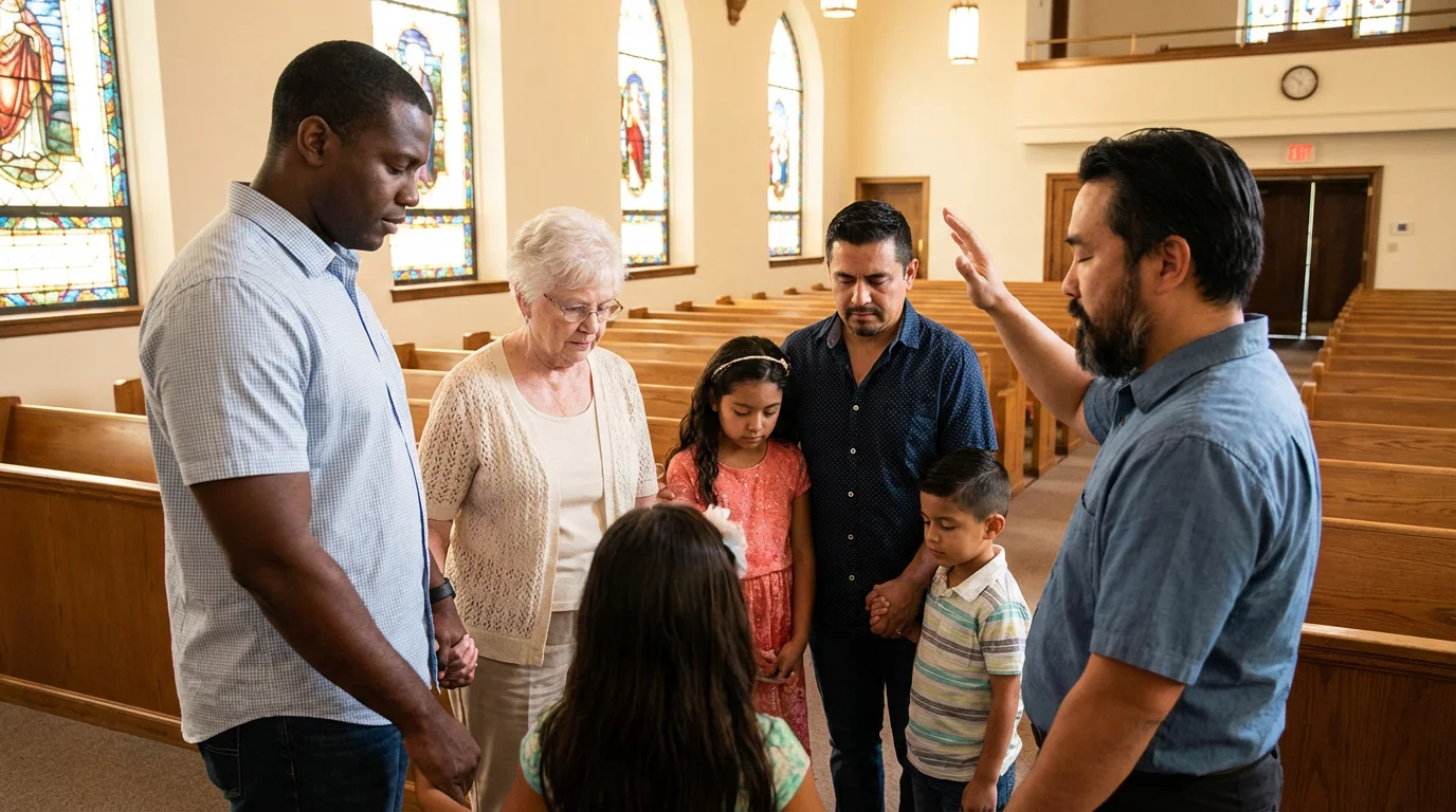 A diverse church family prays together over ministry plans and needs.