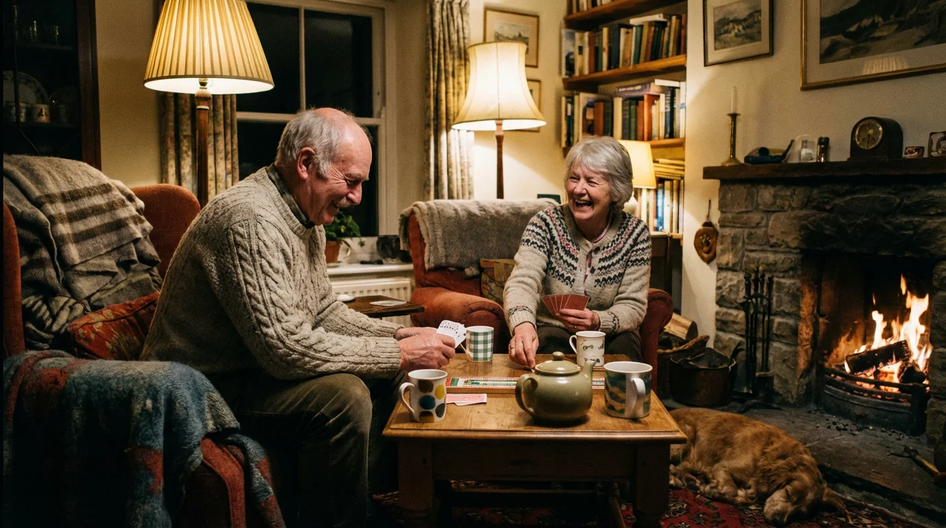A married couple enjoys a simple, cozy at-home date night with tea and cards.