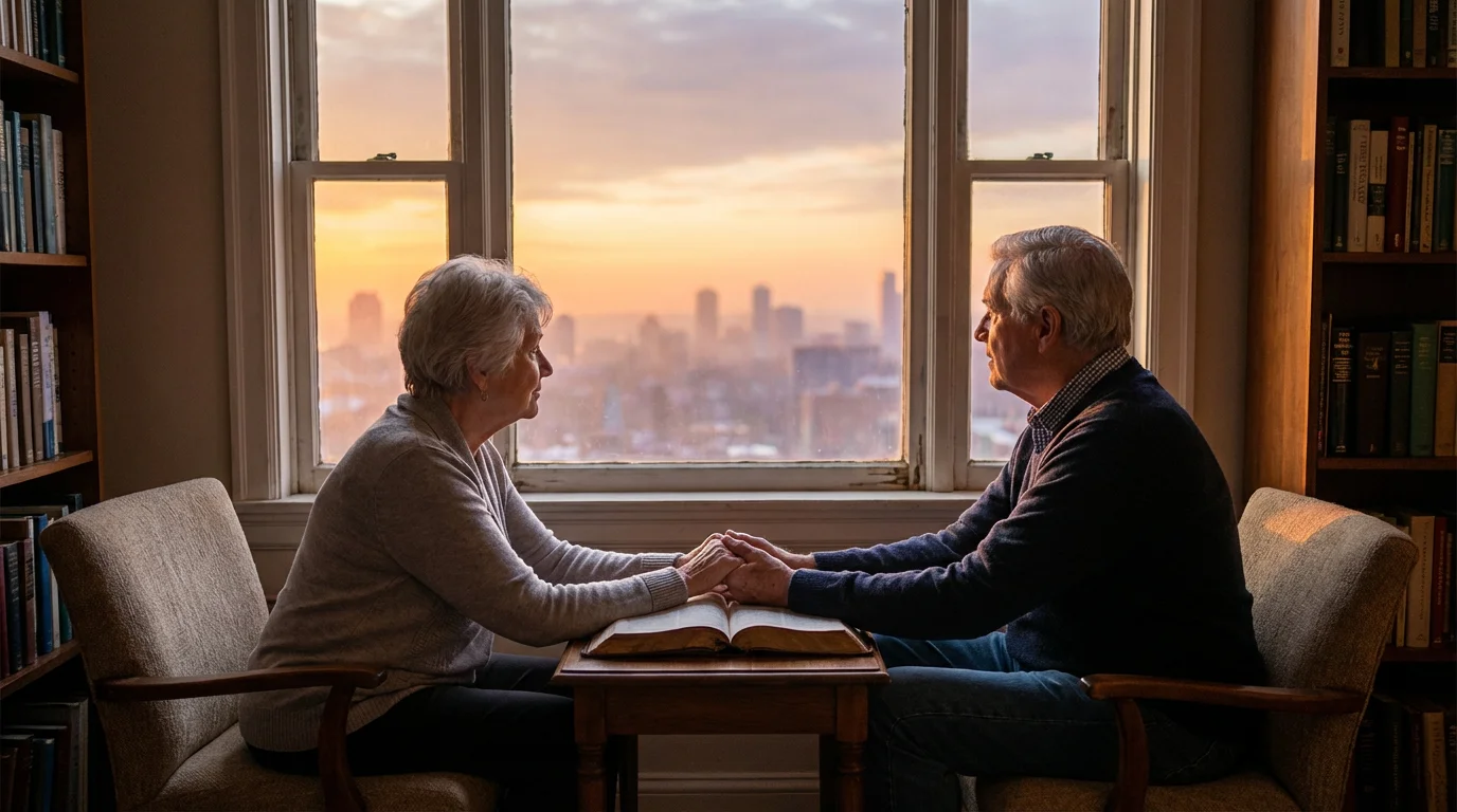 A couple stands by a window at dawn with an open Bible on the table.