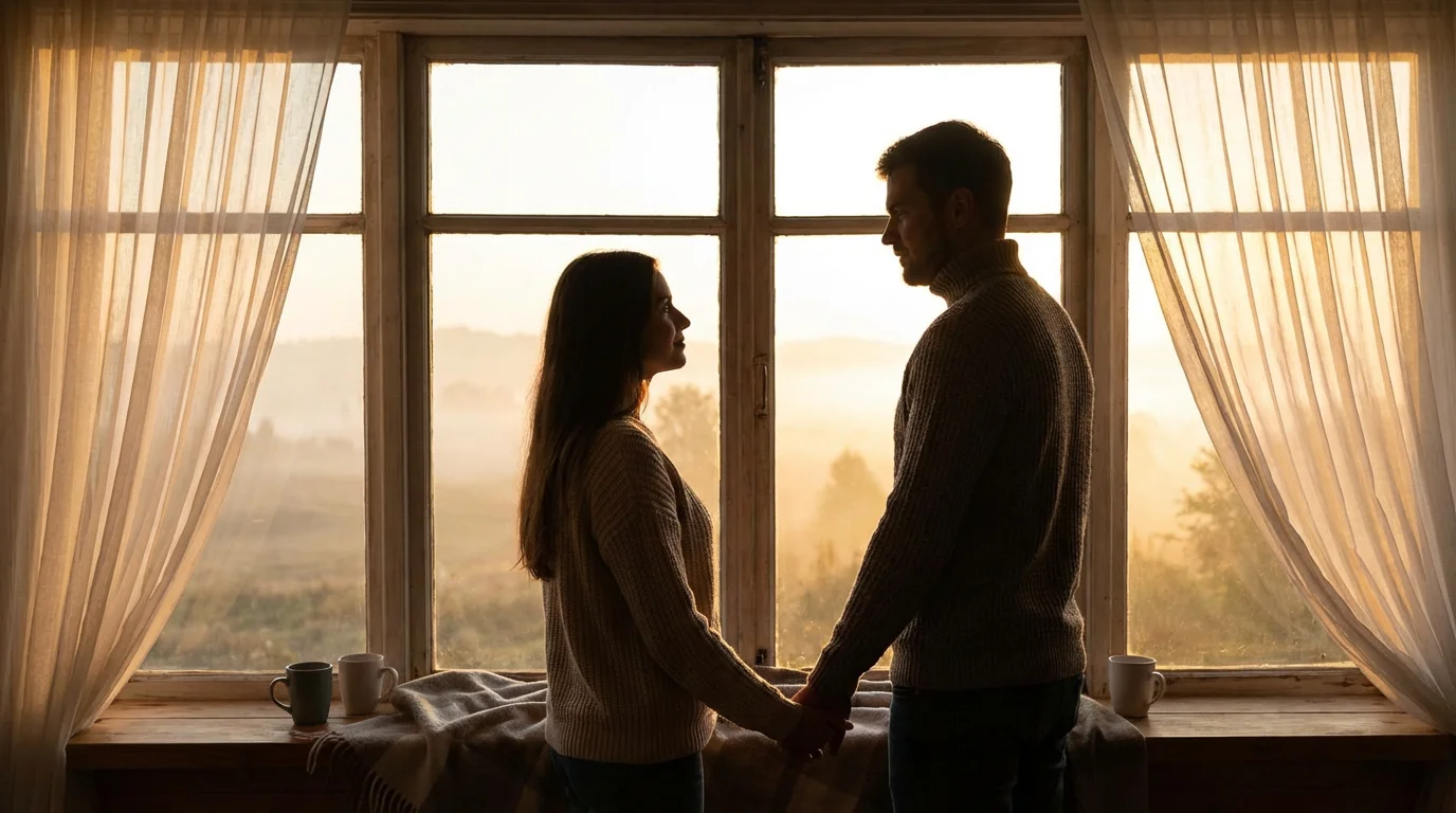 A couple holds hands by a window at dawn with an open Bible.