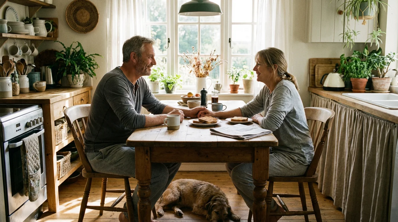 A couple holds hands at a kitchen table in soft morning light.