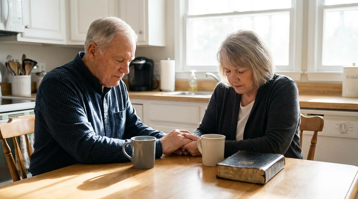 A couple quietly holding hands in morning prayer at a kitchen table.