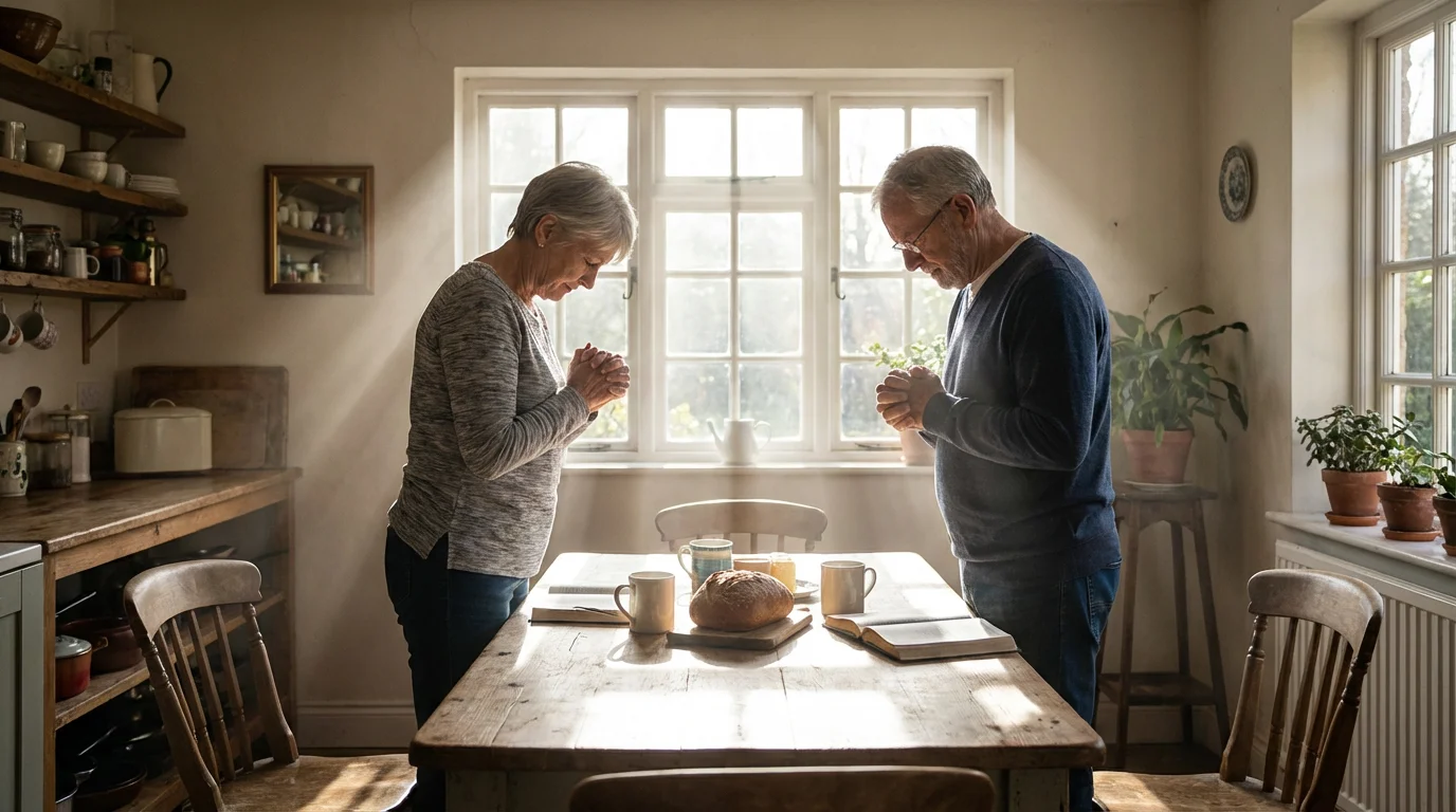 A couple prays quietly together in a sunlit kitchen before the day begins.