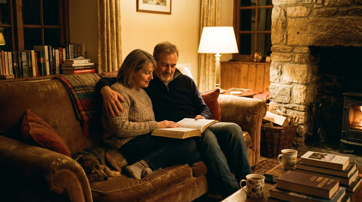 A couple reads the Bible together on a cozy evening at home.