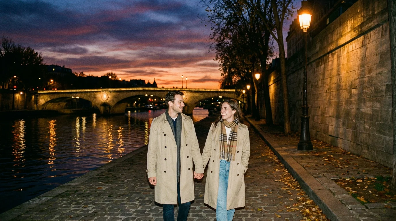 A couple walks at dusk along a riverside path, talking quietly.
