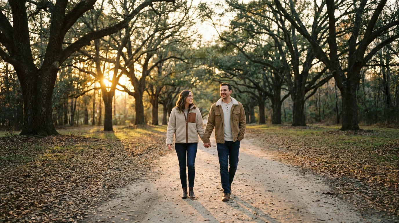 A couple holds hands on a tree-lined path at dusk, walking in quiet hope.
