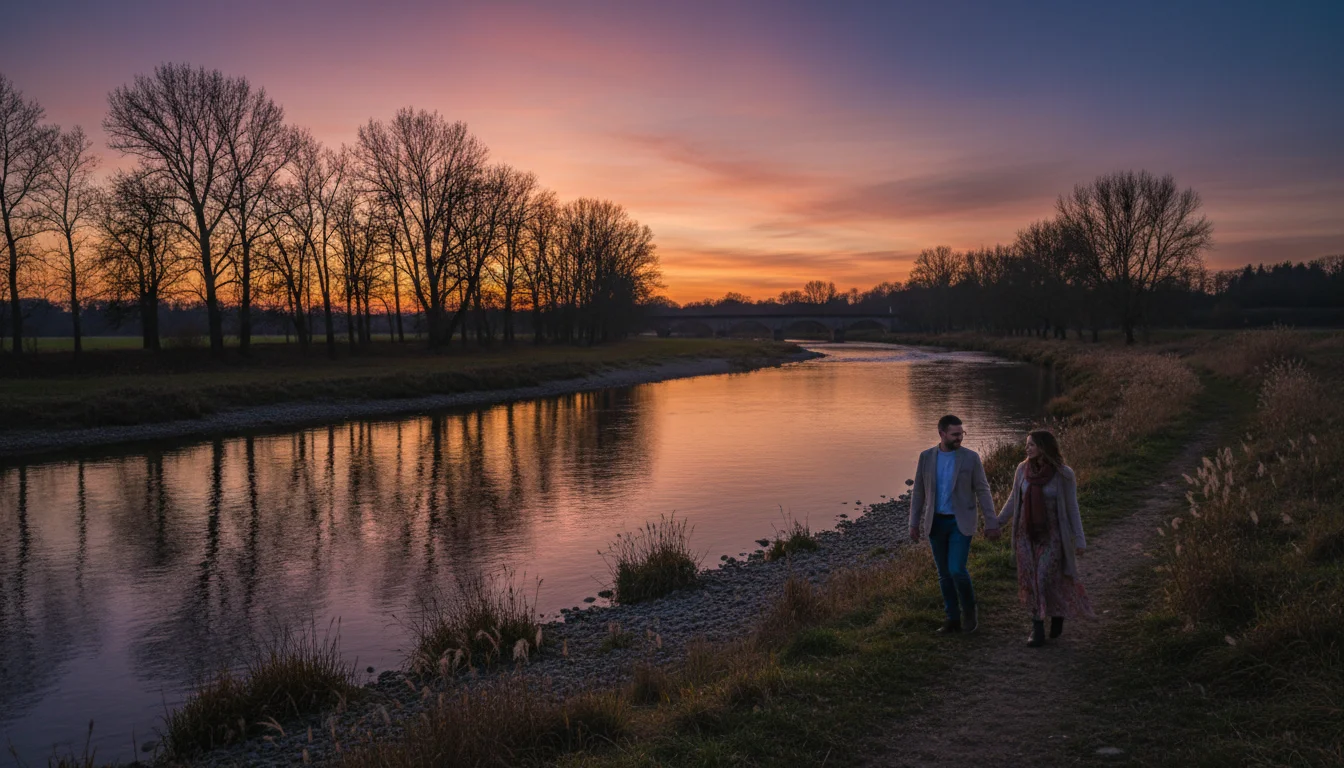 A couple walking slowly by a river at dusk, talking and smiling.