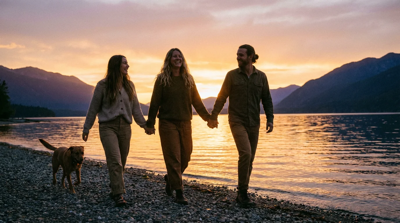 A couple walks calmly by a lake at sunset, reflecting patient companionship.