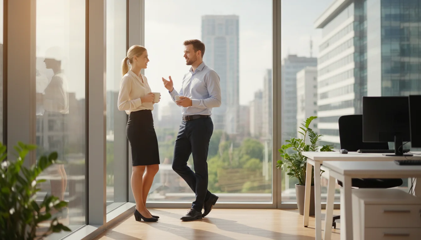 Coworkers talking by a window in a sunlit office at the start of the day.