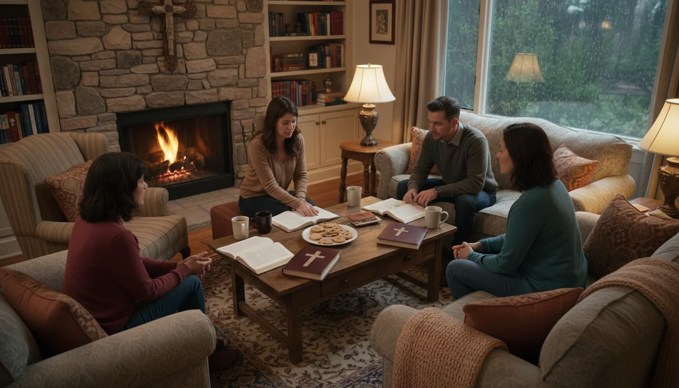 A small group gathered in a cozy living room discussing a Christian book.