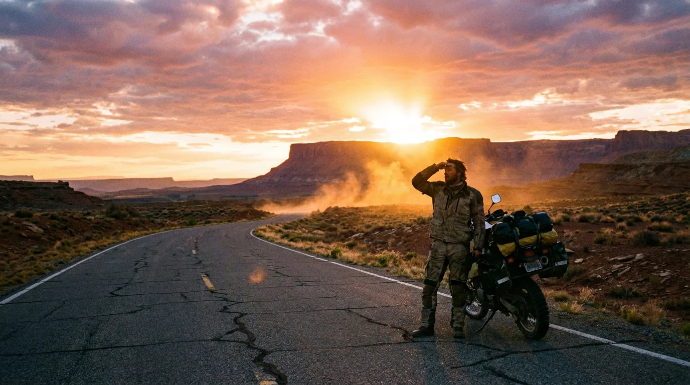 A quiet desert road at sunrise with a traveler pausing in sudden light.
