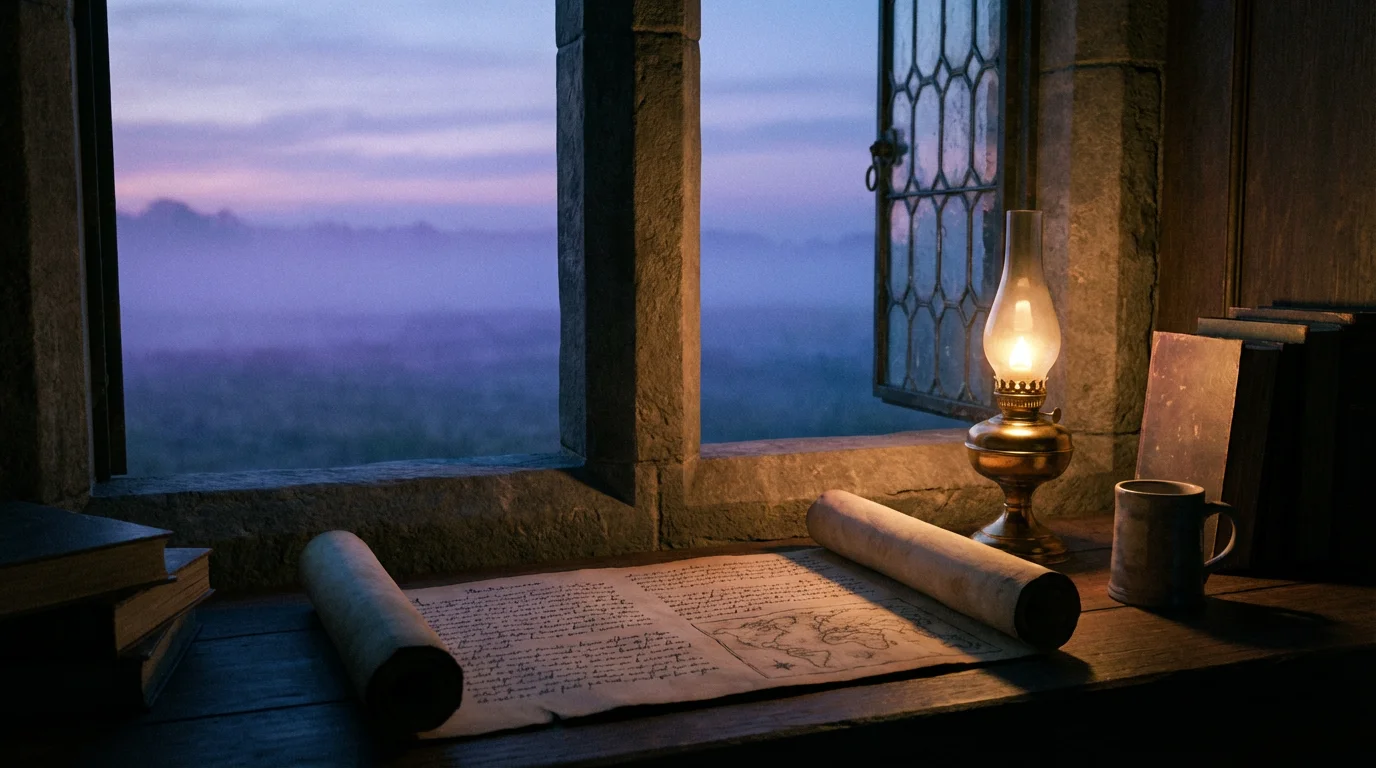 Pre-dawn window scene with an open scroll and lamp, evoking Daniel’s quiet devotion.