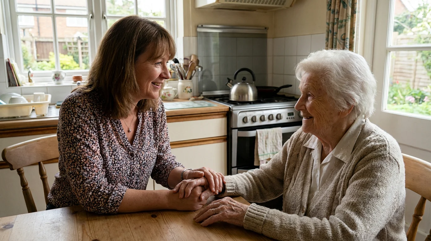 Adult daughter gently holding her elderly mother’s hand at a kitchen table.