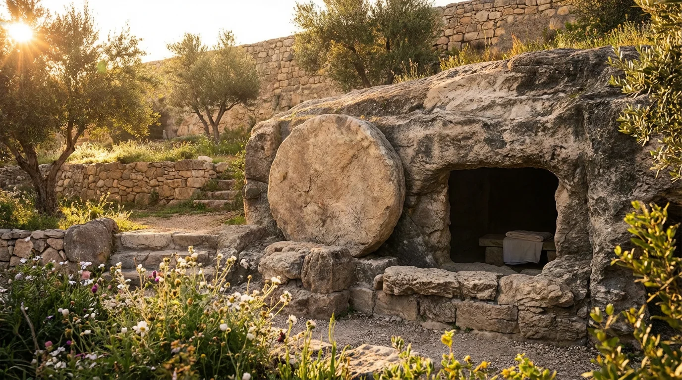 An empty garden tomb at dawn with the stone rolled away.